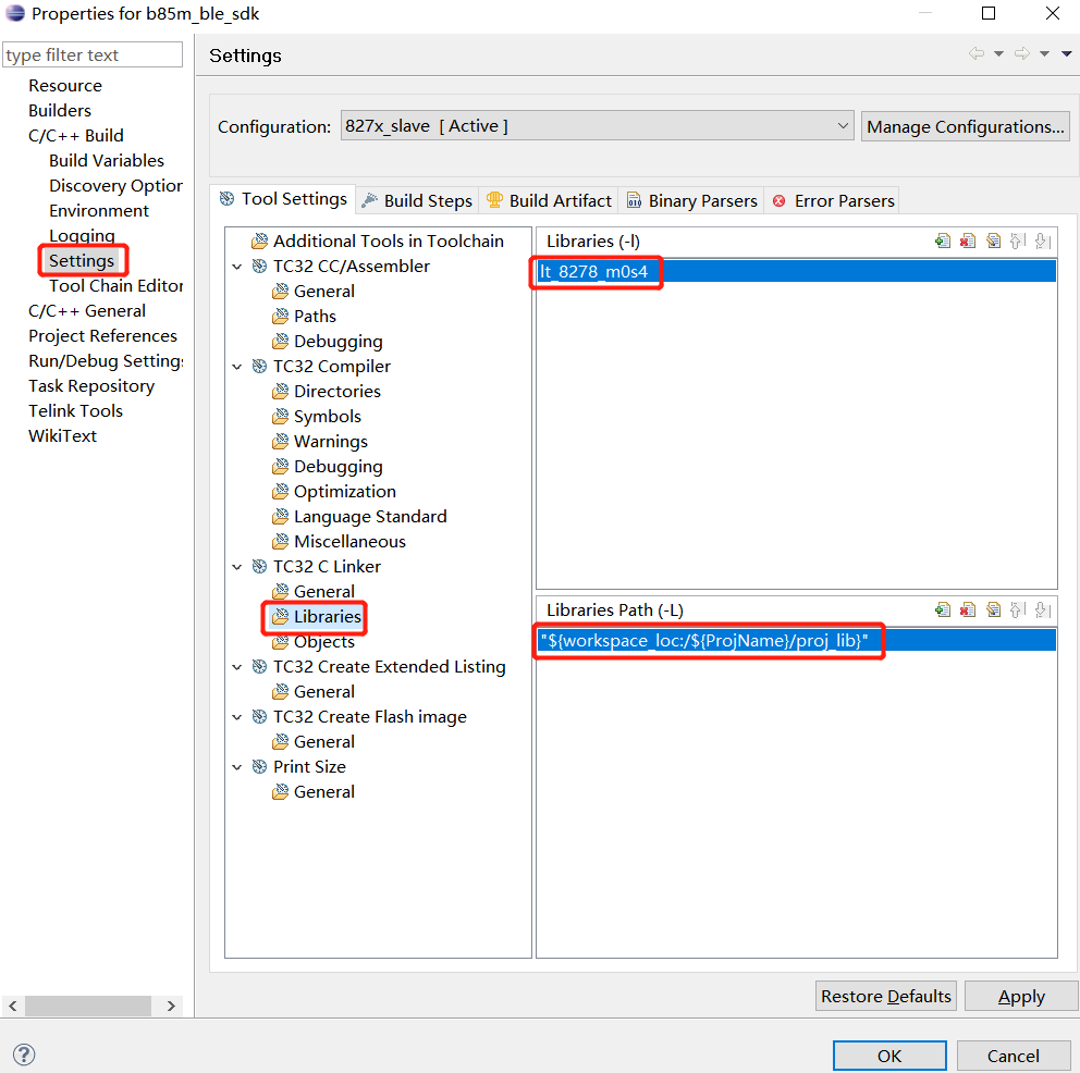 Library settings supported by Telink FMN project