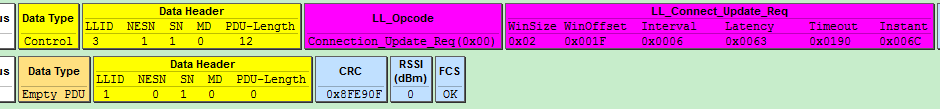 "BLE Sniffer Packet Sample ll Conn Update Req"